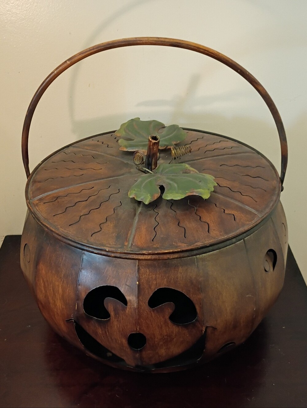 Large 16" Rustic Copper Metal Pumpkin Jack-O-Lantern Luminary Container Lid (